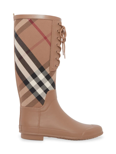 Shop Burberry Women's Check Rain Boots In Birch Brown