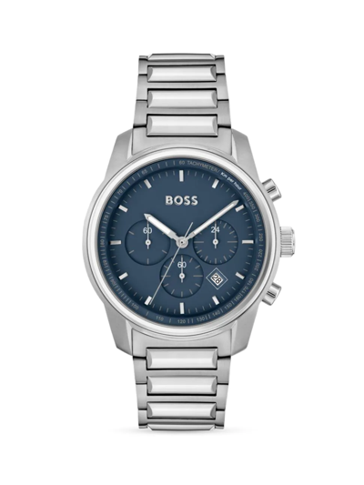 Shop Hugo Boss Men's Trace Stainless Steel Bracelet Watch In Black Blue