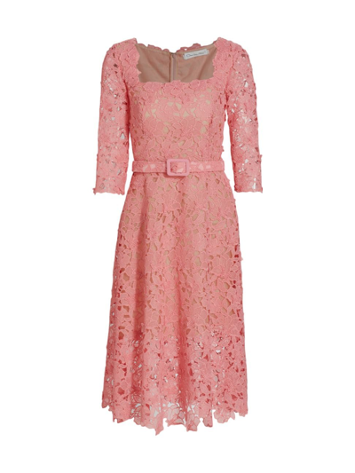 Shop Oscar De La Renta Women's Belted Floral-lace Midi-dress In Petal