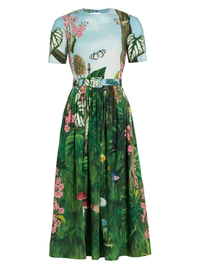 Shop Oscar De La Renta Women's Belted Botanical-print Midi-dress In Green Multi