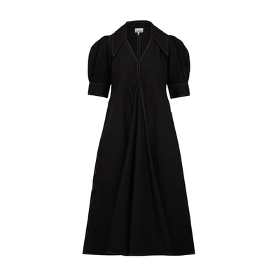 Shop Ganni Cotton Poplin Midi Dress In Black