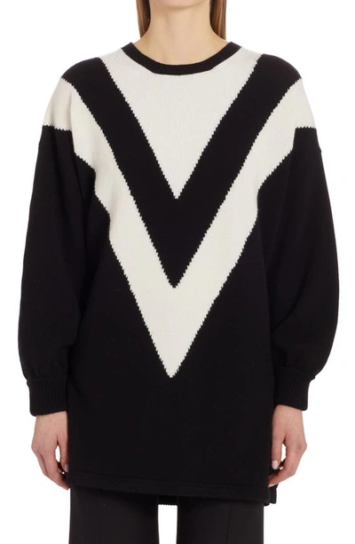 Maxi Wool Sweater With V Intarsia In Multi-colored