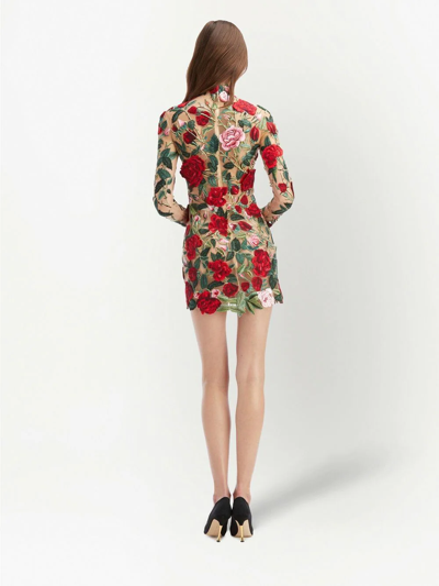 Shop Oscar De La Renta Floral Embroidered High-neck Minidress In Neutrals