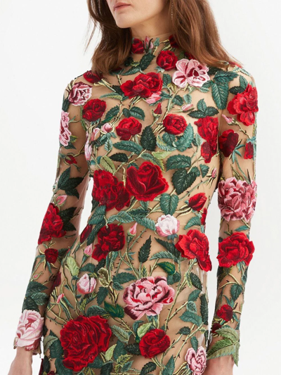 Shop Oscar De La Renta Floral Embroidered High-neck Minidress In Neutrals