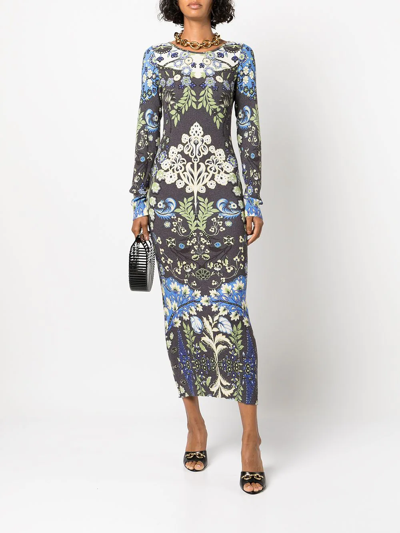 Shop Etro Floral-print Ribbed-knit Dress In Blue
