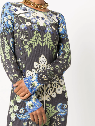 Shop Etro Floral-print Ribbed-knit Dress In Blue