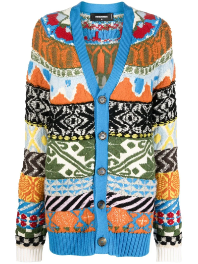 Dsquared2 Cardigan With Graphic Print In Multicolored Wool Woman D-squared2 In Blue