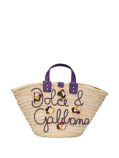 Shop Dolce & Gabbana Kendra Embroidered Woven Basket Bag In Neutrals