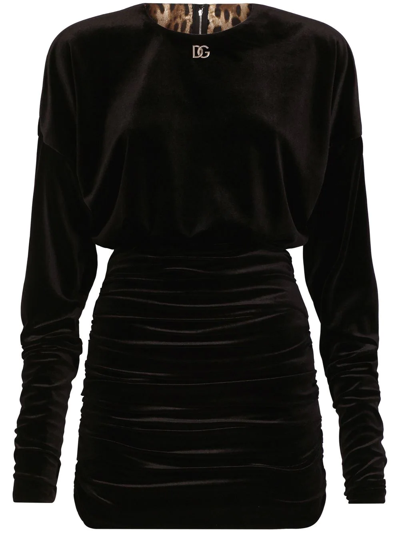 Shop Dolce & Gabbana Dg-logo Draped Velvet Minidress In Black