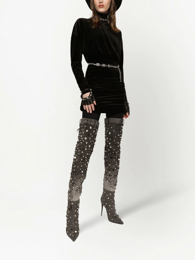Dolce & Gabbana Short Draped Velvet Dress With Dg Logo In Black