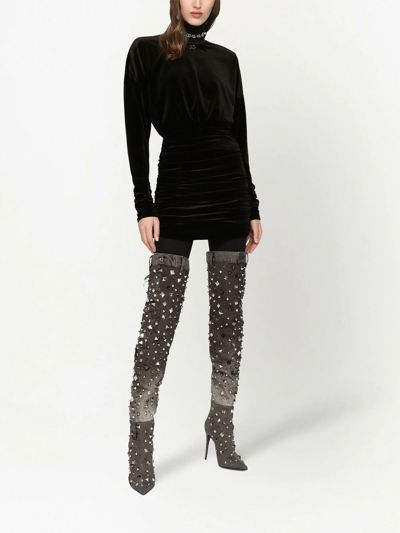 Dolce & Gabbana Short Draped Velvet Dress With Dg Logo In Black