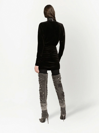 Dolce & Gabbana Short Draped Velvet Dress With Dg Logo In Black