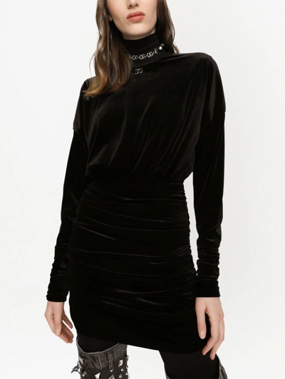 Shop Dolce & Gabbana Dg-logo Draped Velvet Minidress In Black
