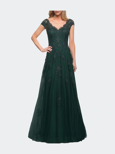 Shop La Femme Short Sleeve Lace Gown With Cascading Embellishments In Green