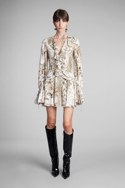 Animal-print Ruffle Trim Dress In Beige