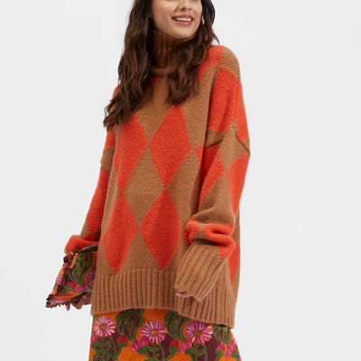 La Doublej Oversized Argyle Turtleneck Sweater In Camel/orange