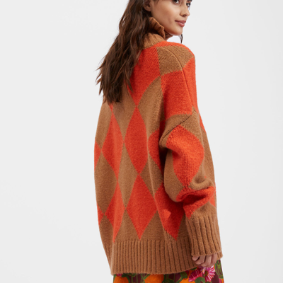 La Doublej Oversized Argyle Turtleneck Sweater In Camel/orange