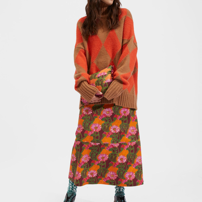 La Doublej Oversized Argyle Turtleneck Sweater In Camel/orange