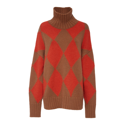 La Doublej Oversized Argyle Turtleneck Sweater In Camel/orange