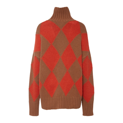 La Doublej Oversized Argyle Turtleneck Sweater In Camel/orange
