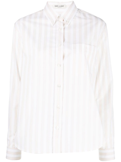 Shop Saint Laurent Embroidered-logo Striped Shirt In Neutrals