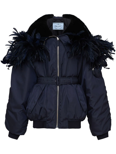 Shop Prada Feather-trimmed Re-nylon Bomber Jacket In Blue