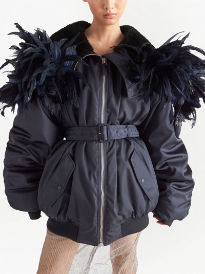 Shop Prada Feather-trimmed Re-nylon Bomber Jacket In Blue