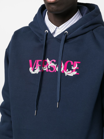 Shop Versace Logo-embroidered Drawstring Hoodie In Blau