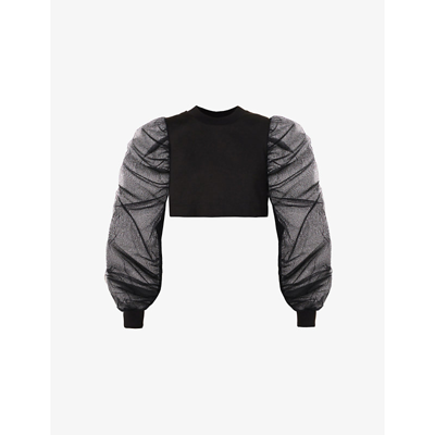 Shop Alexander Mcqueen Womens Black Puff-sleeve Cropped Cotton Sweatshirt