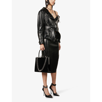 Shop Alexander Mcqueen Women's Black Asymmetric Leather Midi Skirt