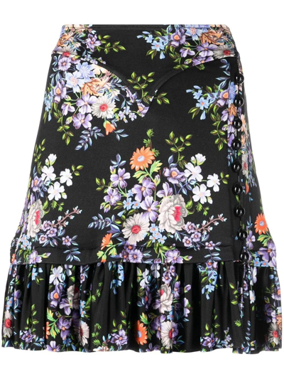 Shop Paco Rabanne Black Floral-print Ruffle-hem Skirt In Multicolore