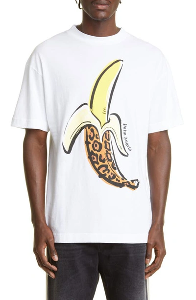 Shop Palm Angels Leopard Banana Cotton Graphic Tee In White Yellow