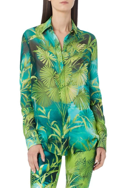 Shop Versace Jungle Print Silk Muslin Shirt In Green And Print