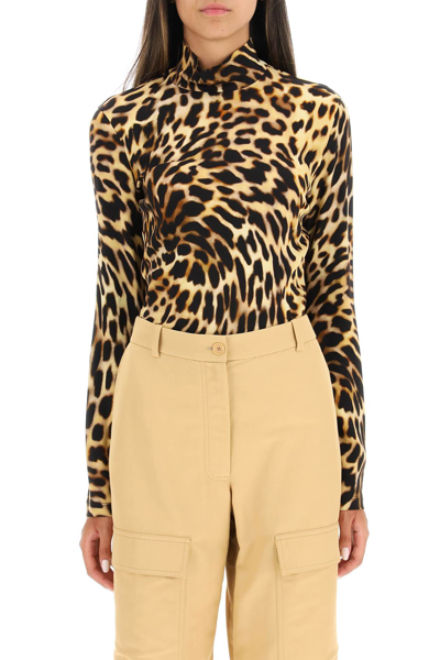 Stella Mccartney Cheetah Print Long Sleeve Turtleneck Bodysuit In Brown