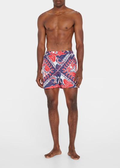 Shop Valentino Men's Bandana-print Logo Nylon Swim Shorts In Red/white/blue