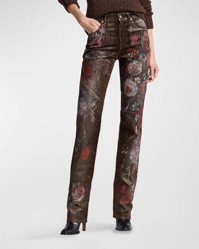 Shop Ralph Lauren Kaida Floral Painted-print Metallic Bootcut Jeans
