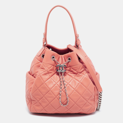 Pre-owned Pink Quilted Leather Drawstring Bucket Bag