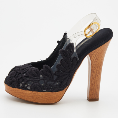 Pre-owned Dolce & Gabbana Black Raffia And Pvc Peep-toe Platform Slingback Sandals Size 36.5