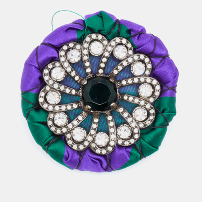 Pre-owned Miu Miu Purple & Green Satin Crystal Embellished Round Brooch