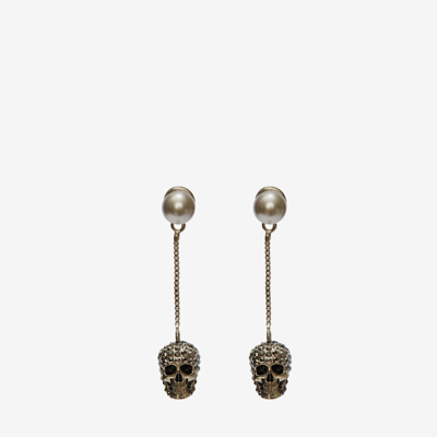 Alexander Mcqueen Skull Pearl Drop Earrings In Gold