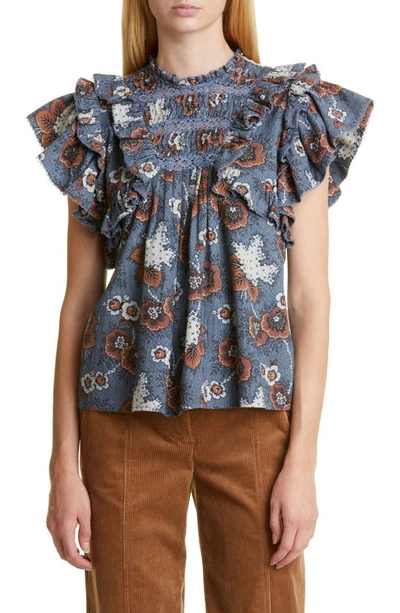 Sea Lucinda Ruffle Floral Print Top In Blue
