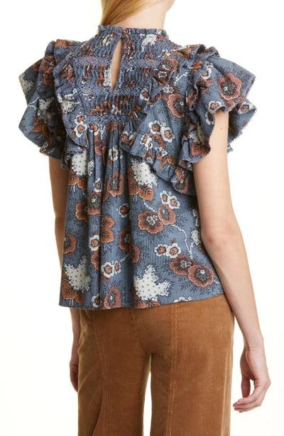 Sea Lucinda Ruffle Floral Print Top In Blue