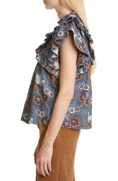 Sea Lucinda Ruffle Floral Print Top In Blue