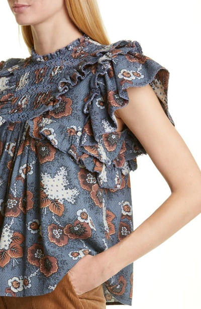 Sea Lucinda Ruffle Floral Print Top In Blue