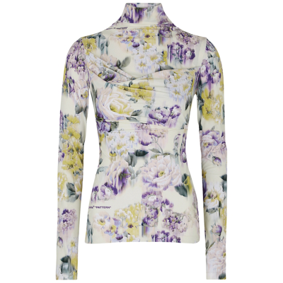 Shop Off-white Floral-print Draped Stretch-jersey Top In Light Green