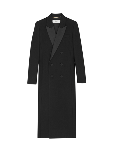 Shop Saint Laurent Double Breasted Smoking Coat In Wool Crpe In Black