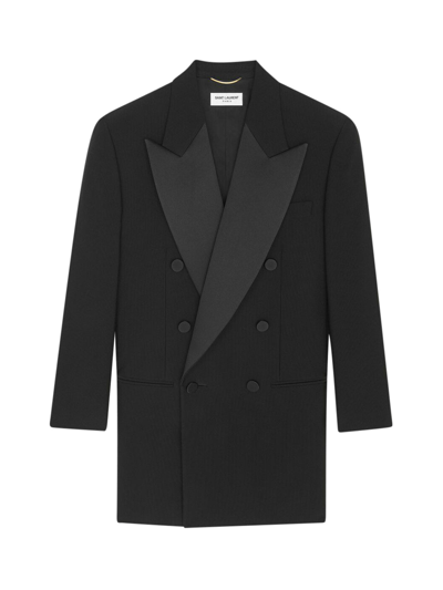 Shop Saint Laurent Double Breasted Wool Smoking Jacket In Black