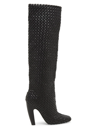 Shop Bottega Veneta Women's Intrecciato Leather Tall Boots In Black
