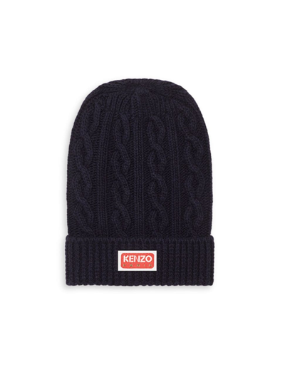 Shop Kenzo Logo Cable Wool Beanie In Midnight Blue