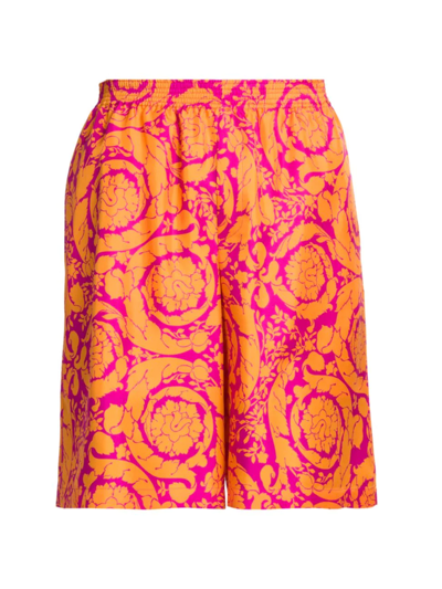 Shop Versace Men's Silk Baroque Shorts In Magenta Tangerine